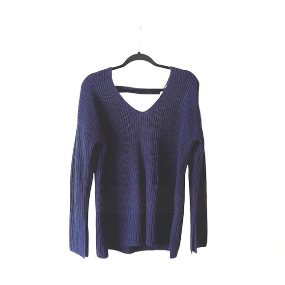 Pink Rose Navy Blue Open Back Slit Sleeve V-neck Knit Sweater Large Women’s - Picture 1 of 10